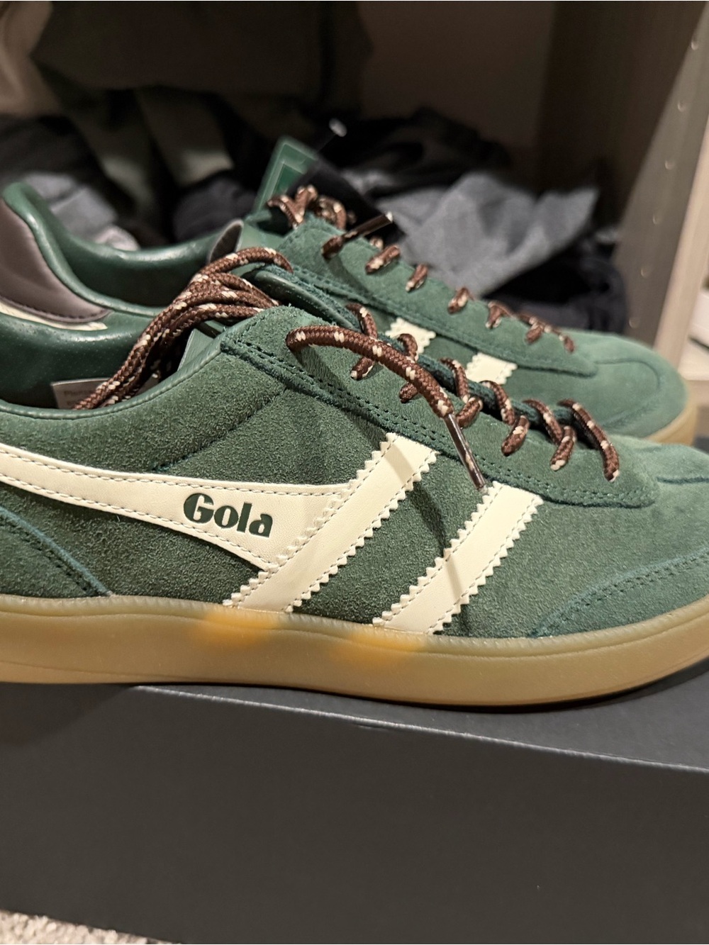 Women’s Gola Green Suede Sneakers with Cream Stripes